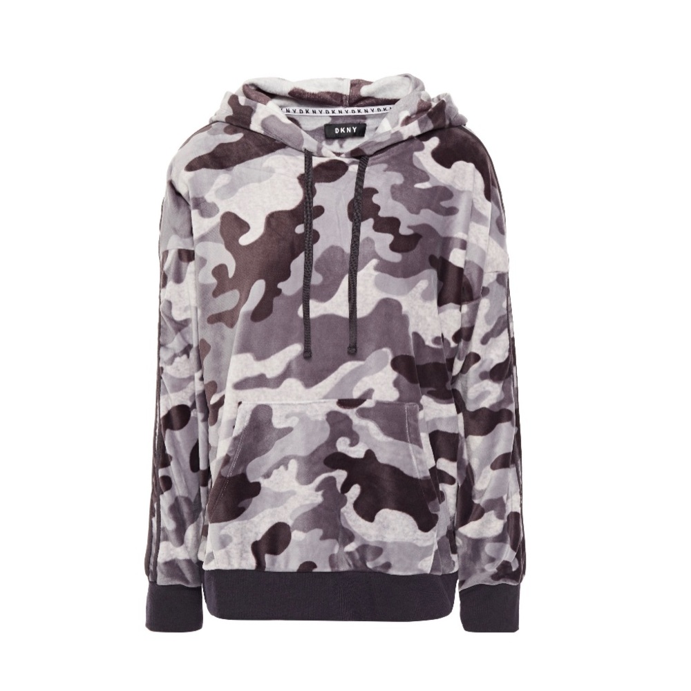 DKNY Gray Camo Print Velour Hoodie Top - Women’s Size Medium - New With Tags